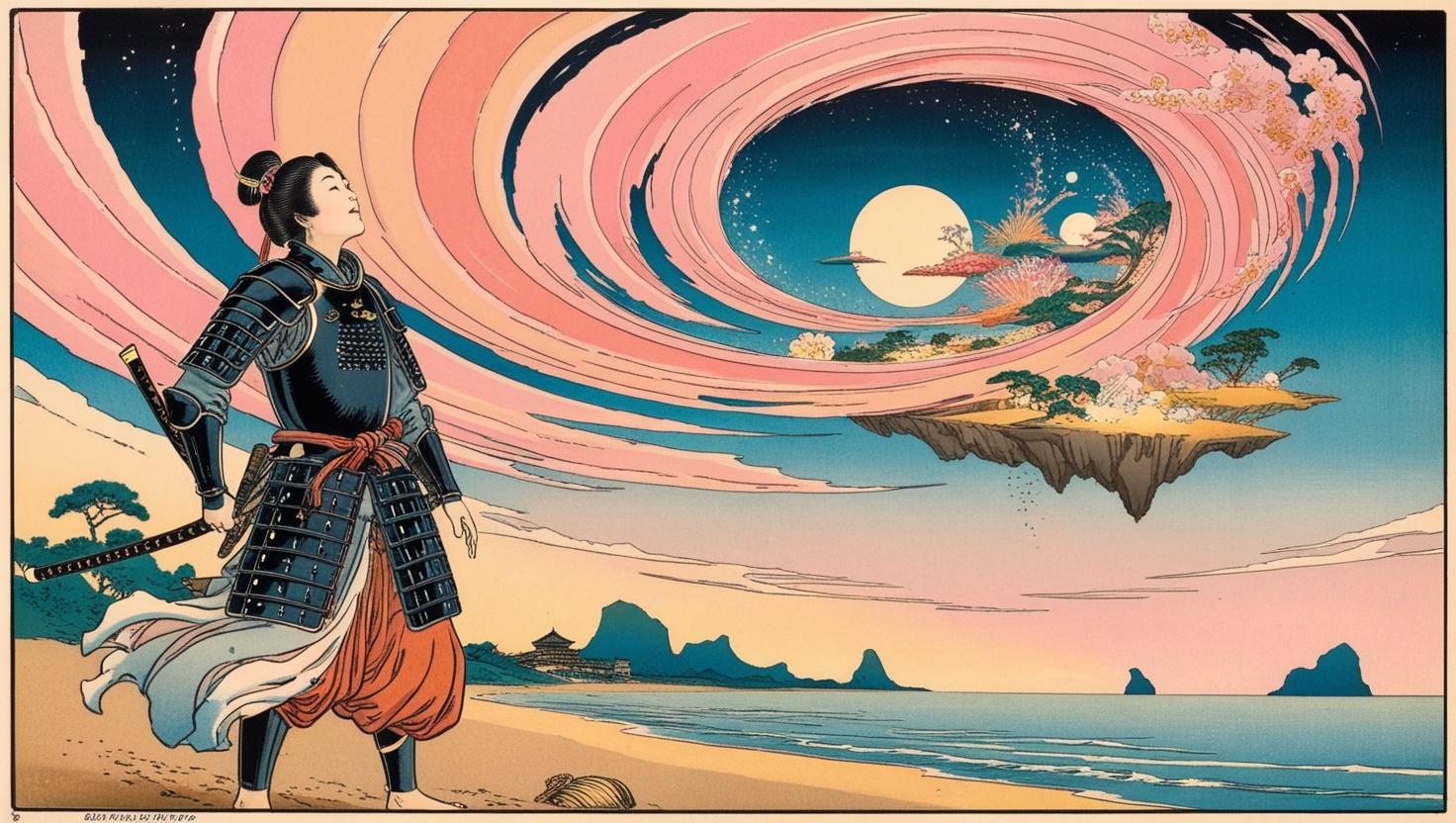 una samurai donna sulla spiaggia  vede il paradiso nel cielo. Stile Ukiyo-e